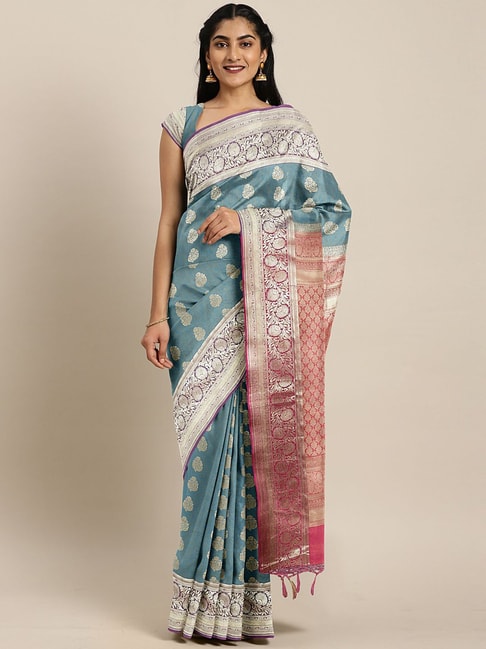 The Chennai Silks Turquoise Woven Saree With Unstitched Blouse Price in India