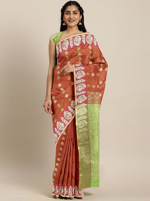 The Chennai Silks Coral & Green Woven Saree With Unstitched Blouse Price in India
