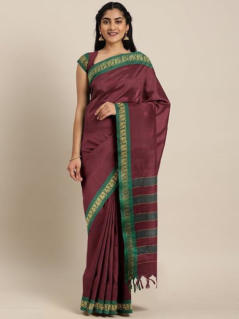 The Chennai Silks Maroon Cotton Woven Saree With Unstitched Blouse Price in India