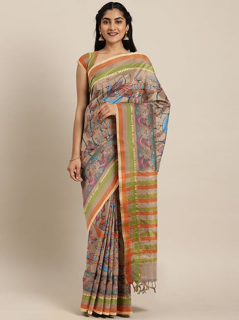 The Chennai Silks Beige Cotton Printed Saree With Unstitched Blouse Price in India