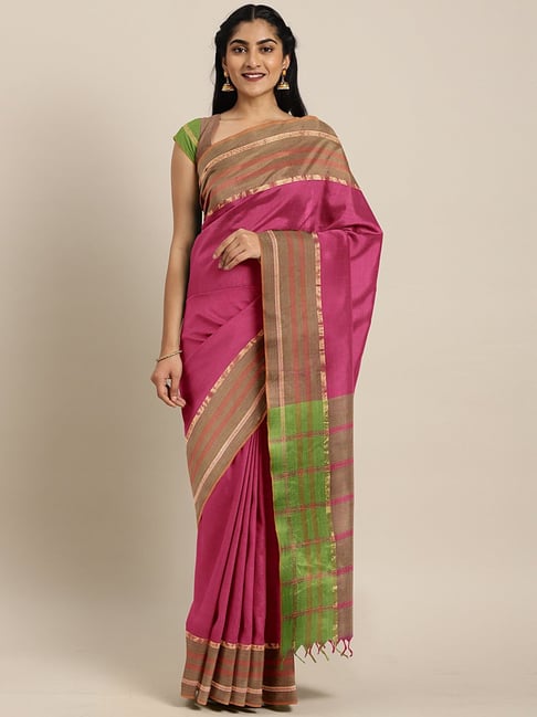 The Chennai Silks Pink & Green Cotton Woven Saree Price in India