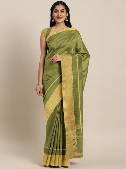 The Chennai Silks Green Cotton Chequered Saree With Unstitched Blouse Price in India