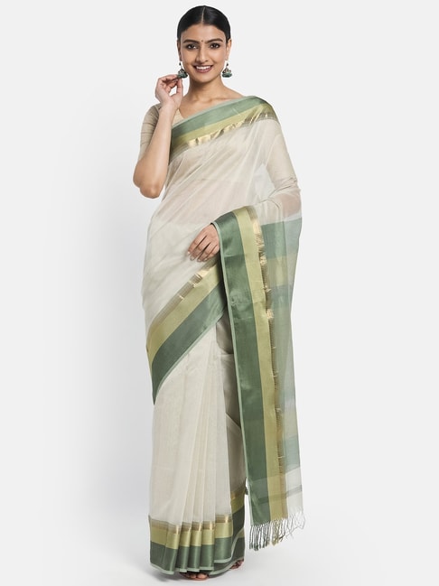 Fabindia White & Green Cotton Silk Woven Saree Price in India