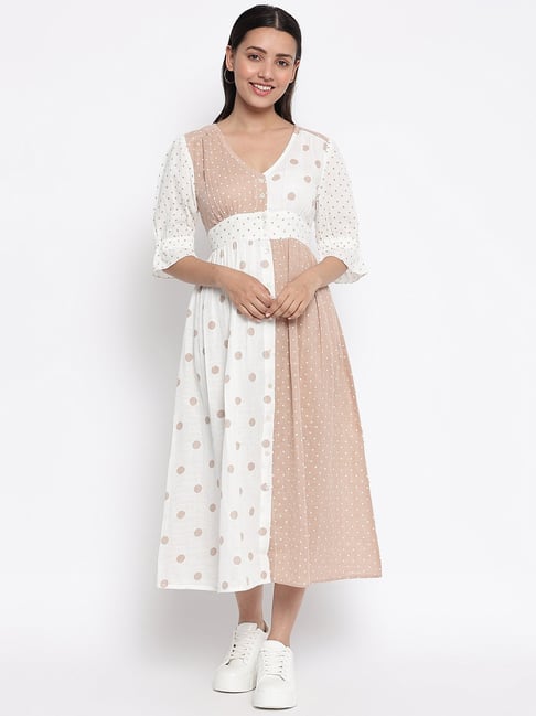 Buy Fabindia White Beige Cotton Printed A-Line Dress for Women