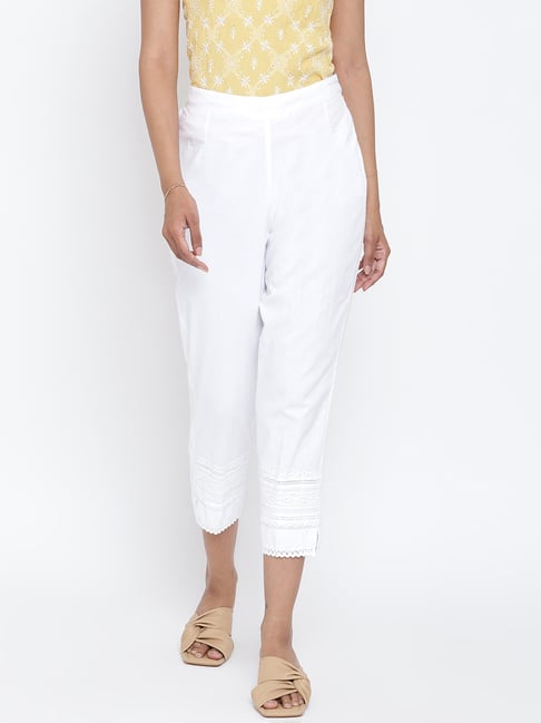 INCOTTONS Cotton Flex Ankle Length Trouser PantsPencil Pants for Women  White