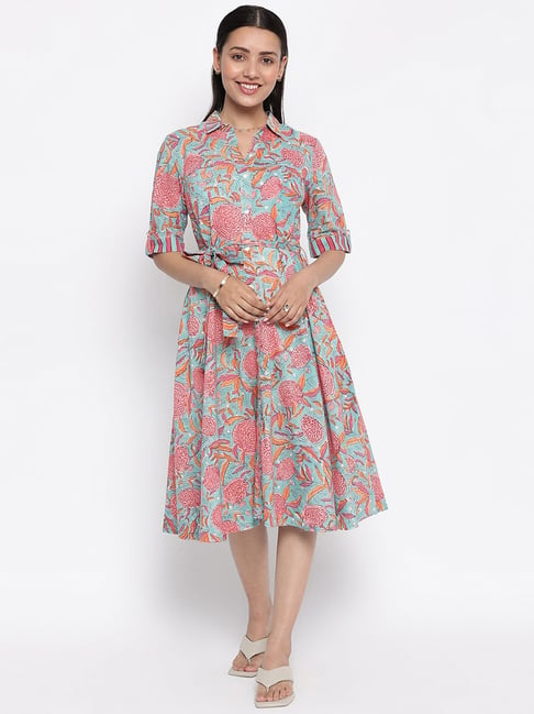 Fabindia Blue & Pink Cotton Printed Drop Waist Dress Price in India