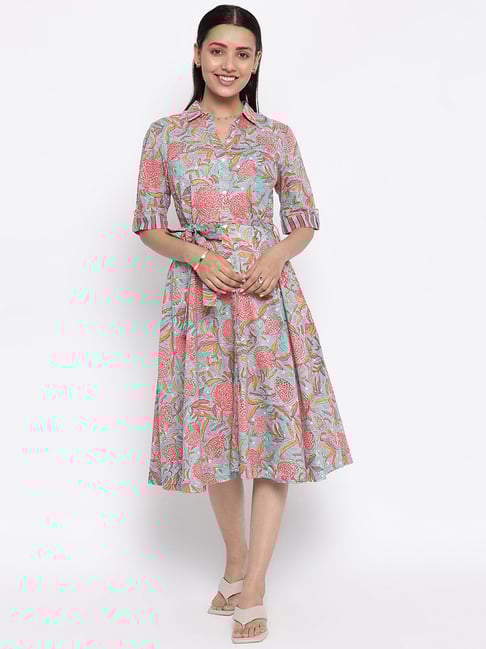Buy Fabindia Blue Pink Cotton Printed Drop Waist Dress for Women