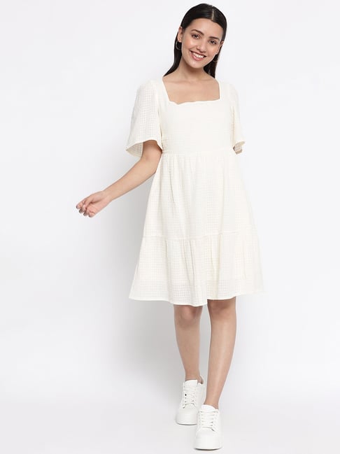 Fabindia White Cotton Chequered Drop Waist Dress Price in India