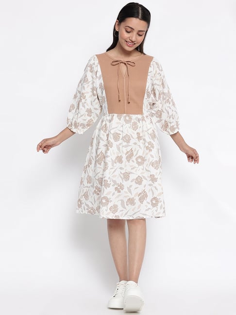 Fabindia White & Beige Cotton Printed A-Line Dress Price in India