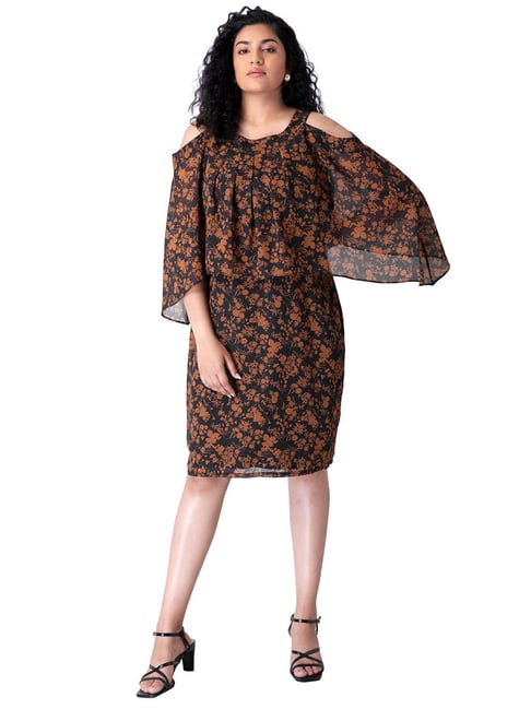 FabAlley Black & Brown Floral Print Dress