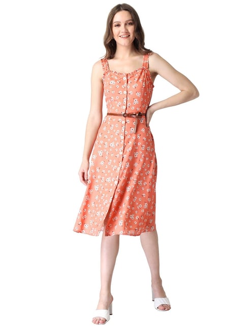 FabAlley Orange & White Floral Print Dress Price in India