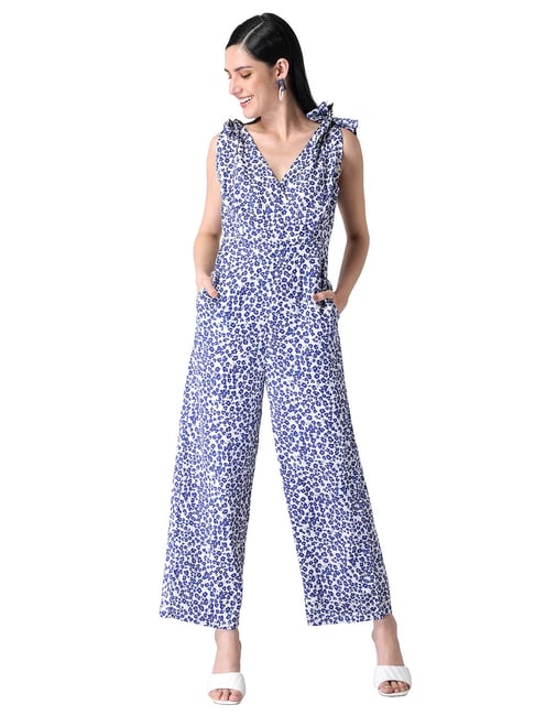 FabAlley Blue & White Floral Print Jumpsuit