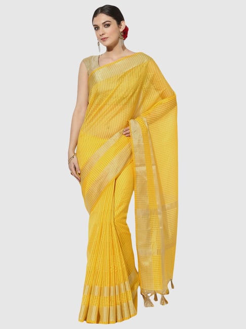 Banarasi Silk Works Yellow Silk Chequered Saree With Unstitched Blouse Price in India