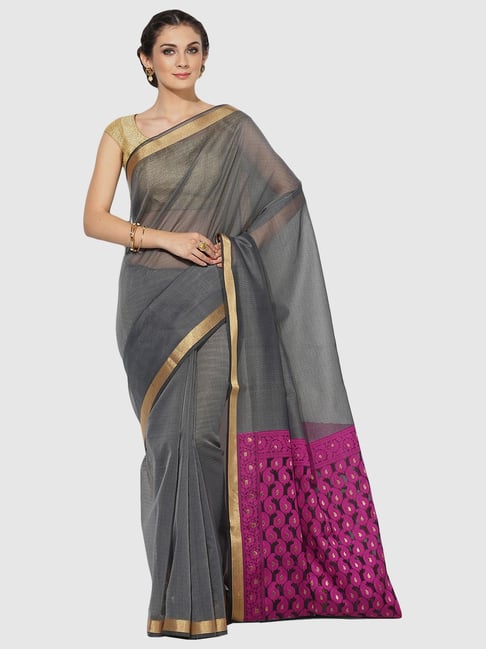 Banarasi Silk Works Grey Silk Embroidered Saree With Unstitched Blouse-picture-40