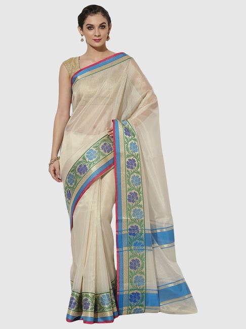 Banarasi Silk Works Beige Silk Woven Saree With Unstitched Blouse Price in India
