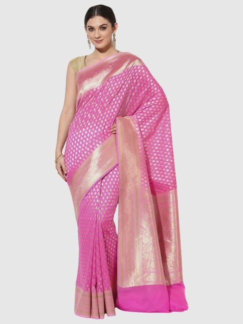 Banarasi Silk Works Pink Silk Woven Saree With Unstitched Blouse Price in India