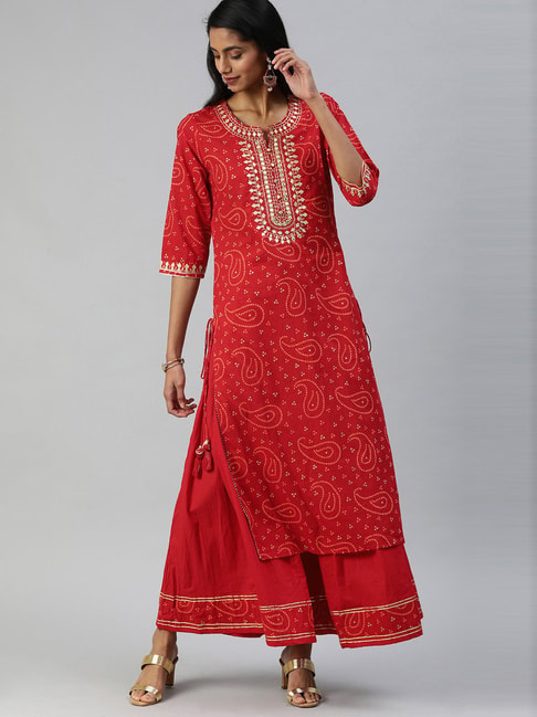 Ishin Red Pure Cotton Printed Kurta Sharara Set Price in India