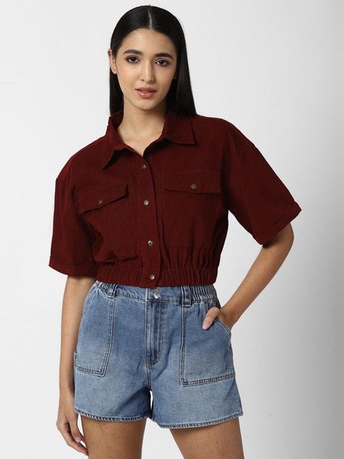 Forever 21 Maroon Regular Fit Crop Shirt Price in India