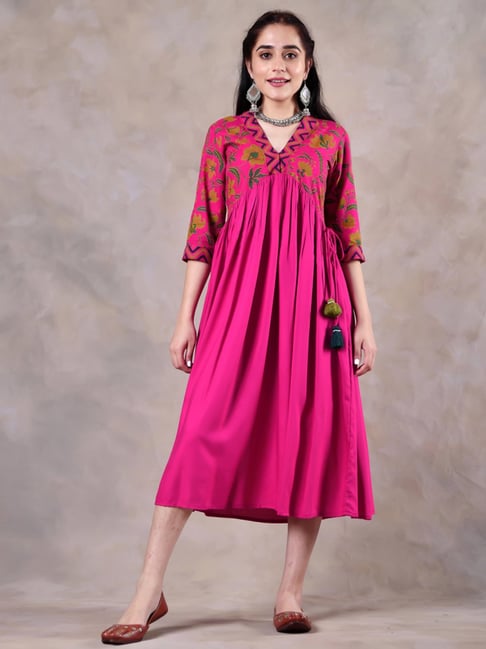 Rustorange Pink Printed A-Line Dress Price in India