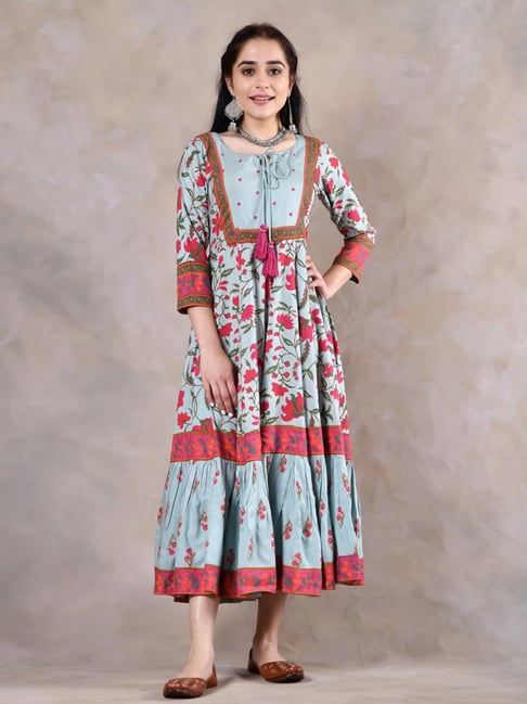 Rustorange Blue & Pink Printed Maxi Dress Price in India