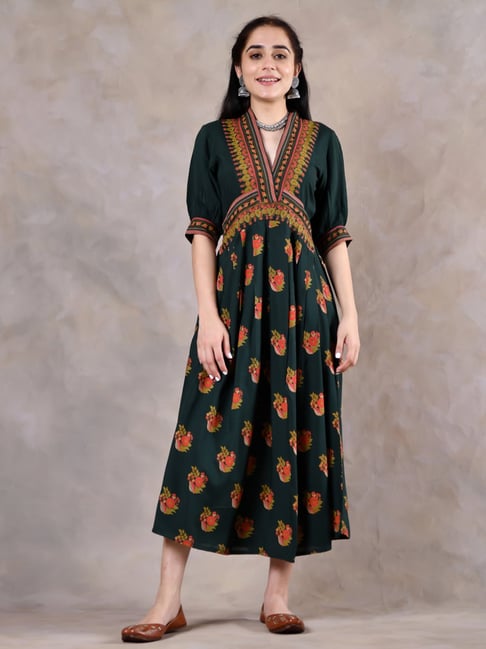 Rustorange Green Floral Print A-Line Dress Price in India