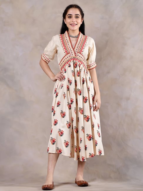 Rustorange Beige Floral Print A-Line Dress Price in India