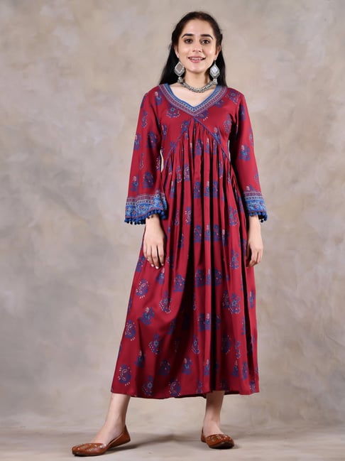 Rustorange Maroon & Blue Floral Print Maxi Dress Price in India