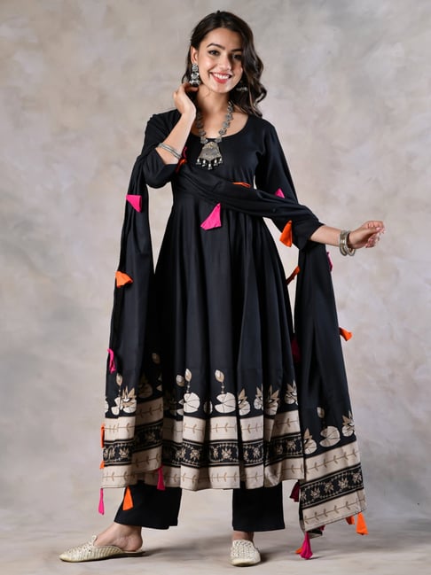 Rustorange Black Printed Kurta Pant Set With Dupatta Price in India