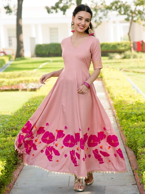 Rustorange Pink Floral Print Maxi Dress Price in India