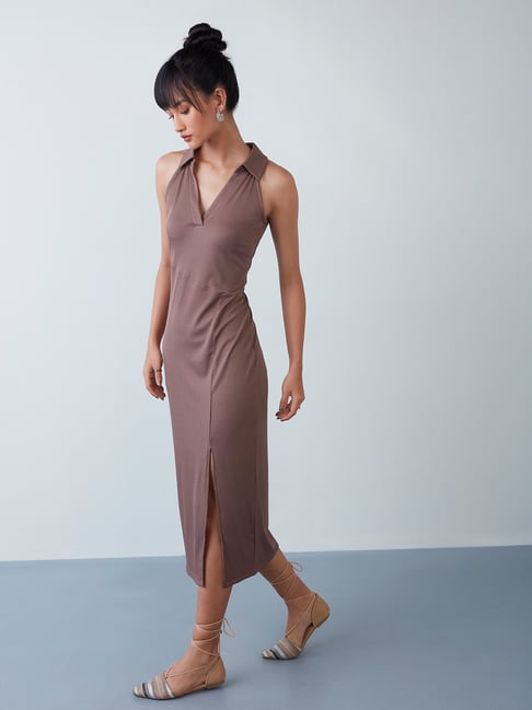 Nuon by Westside Dark Taupe Ribbed Slyvie Dress Price in India