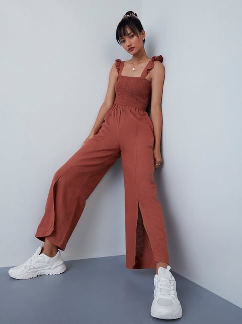 Nuon by Westside Brown Smocked Jumpsuit