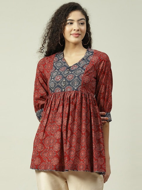 Biba Red Cotton Embellished A Line Short Kurti Price in India