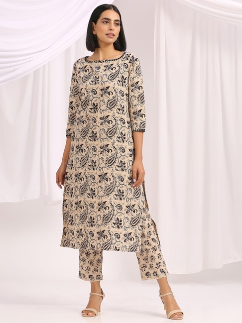 Okhai Kalam Beige Pure Cotton Floral Print Kurta Pant Set Price in India
