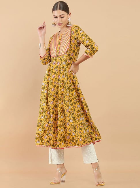 Soch Mustard Cotton Floral Print A Line Kurta Price in India