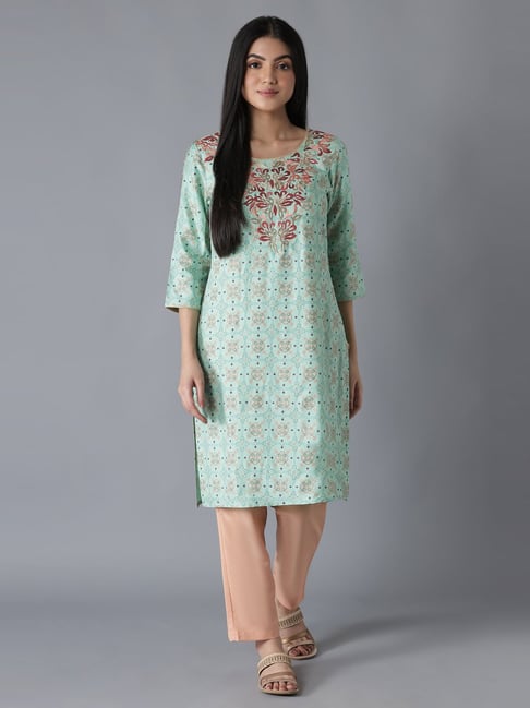 Aure by Aurelia Green & Peach Embroidered Kurta Pant Set Price in India