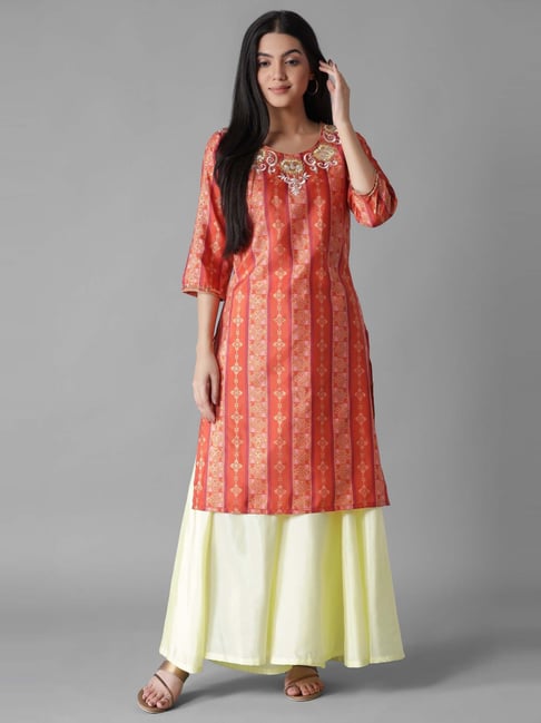 Aure by Aurelia Orange & Yellow Embroidered Kurta Palazzo Set