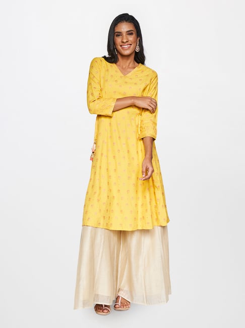 Global Desi Yellow Floral Print Kurta