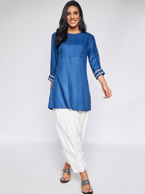 Buy Indian Designer Indigo Blue Cotton Nayra Cut Kurti With Embroidery on  Neck and Pant Set for Women and Girls, Amazing Nayra Cut Kurta Set Online  in India - Etsy