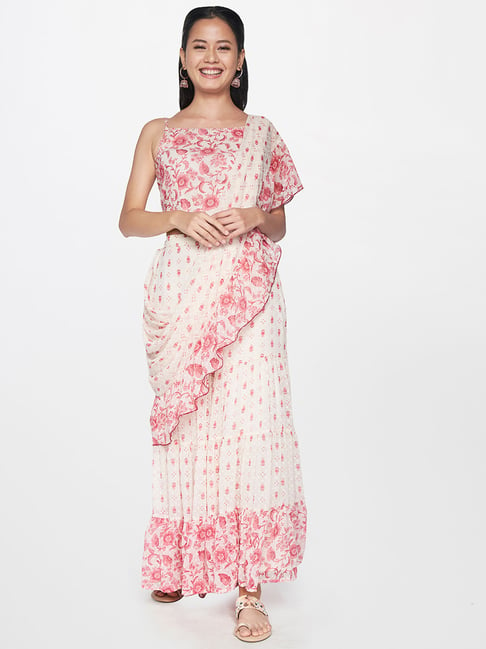 Global Desi Pink & White Floral Print Saree Price in India