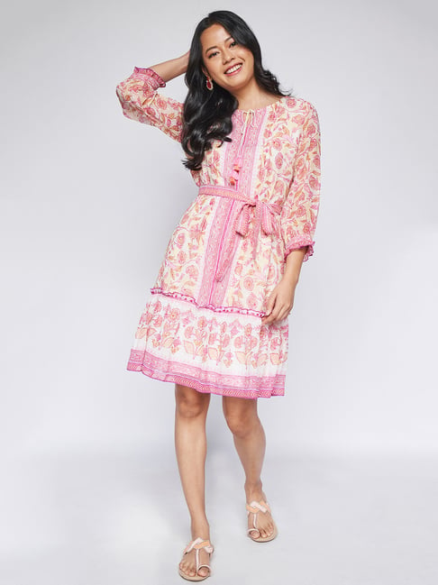 Global Desi Pink & White Floral Print Dress Price in India
