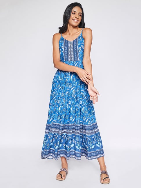 Global Desi Blue Floral Print Dress Price in India