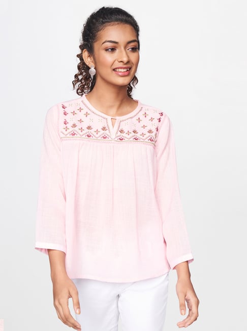 Global Desi Light Pink Embroidered Top Price in India