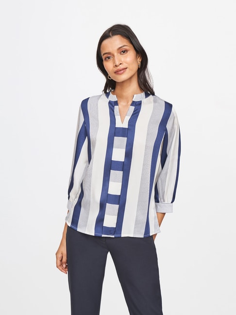 AND Blue & White Striped Top Price in India
