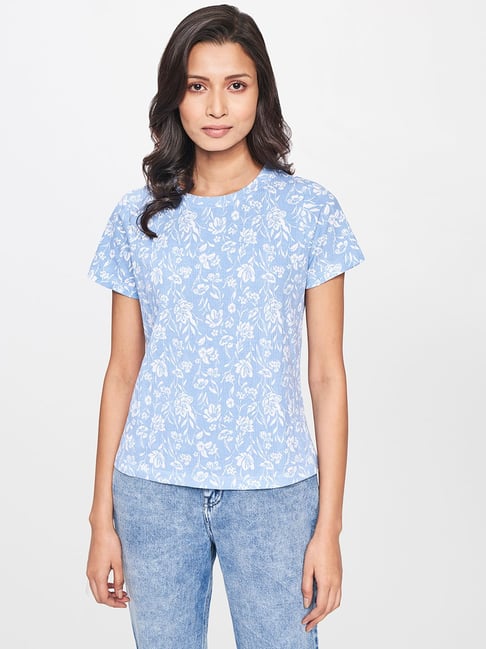 AND Blue & White Floral Print T-Shirt Price in India