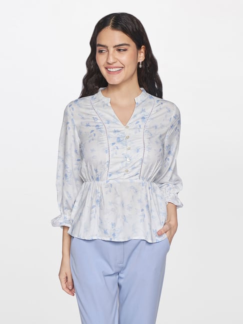 AND Blue & White Floral Print Top Price in India