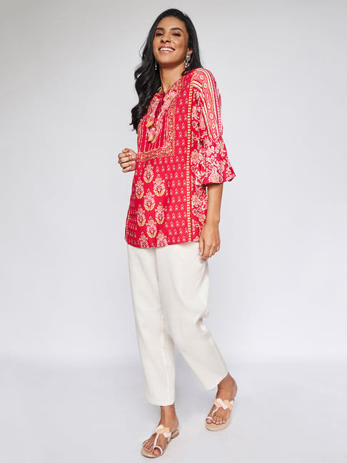 Global Desi Red Floral Print Tunic