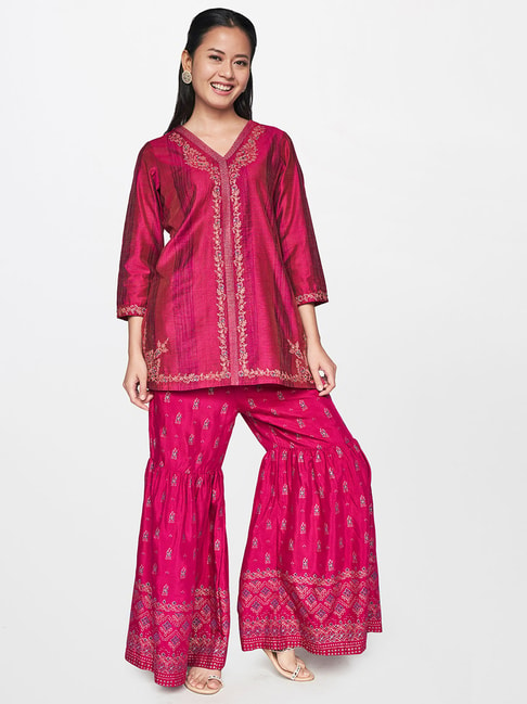 Global Desi Pink Embroidered Kurti With Sharara Price in India