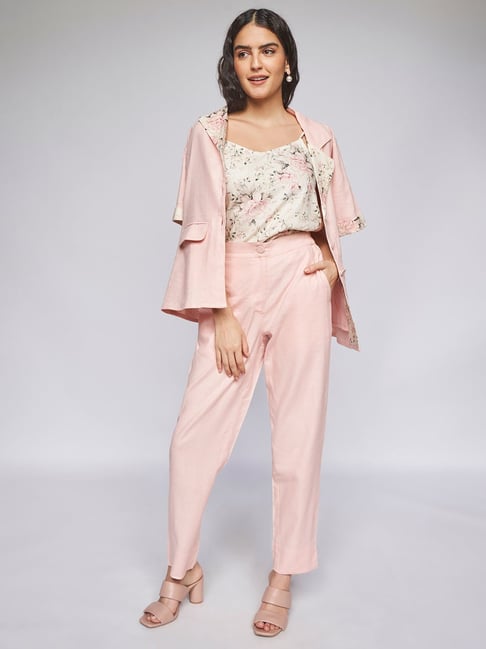 AND Light Pink Floral Print Top With Pants and Jacket Price in India