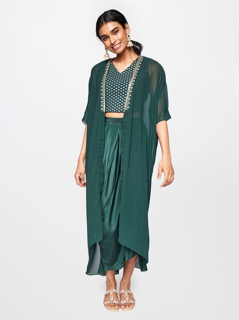 Global Desi Dark Green Embellished Crop Top With Dhoti Pants and Overlay Price in India
