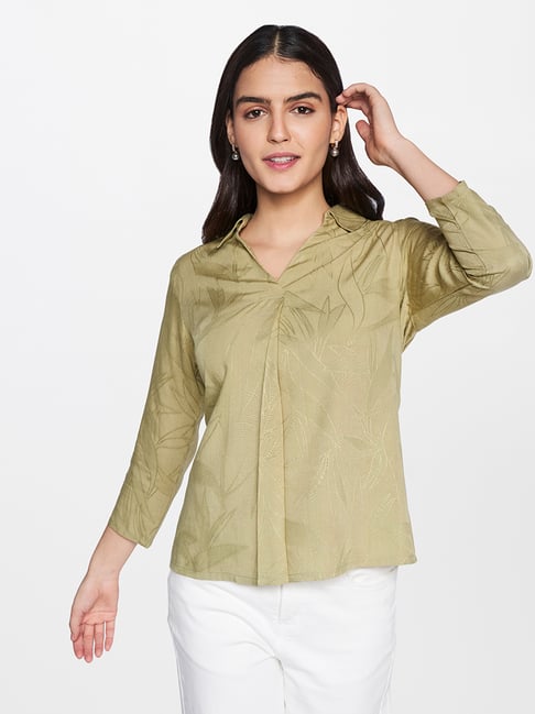 AND Olive Green Jacquard Pattern Shirt Price in India